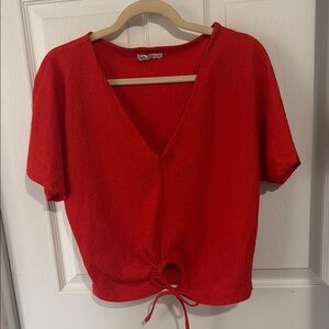 Zara Red Textured V-Neck Blouse